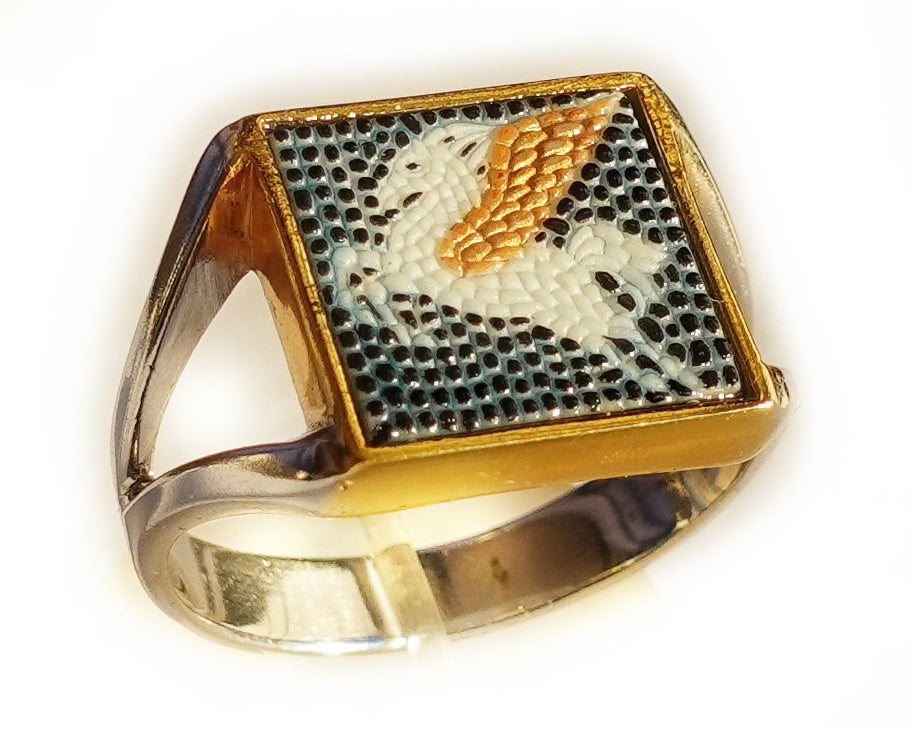 Pegasus micro mosaic ring in solid silver 925 (base : double