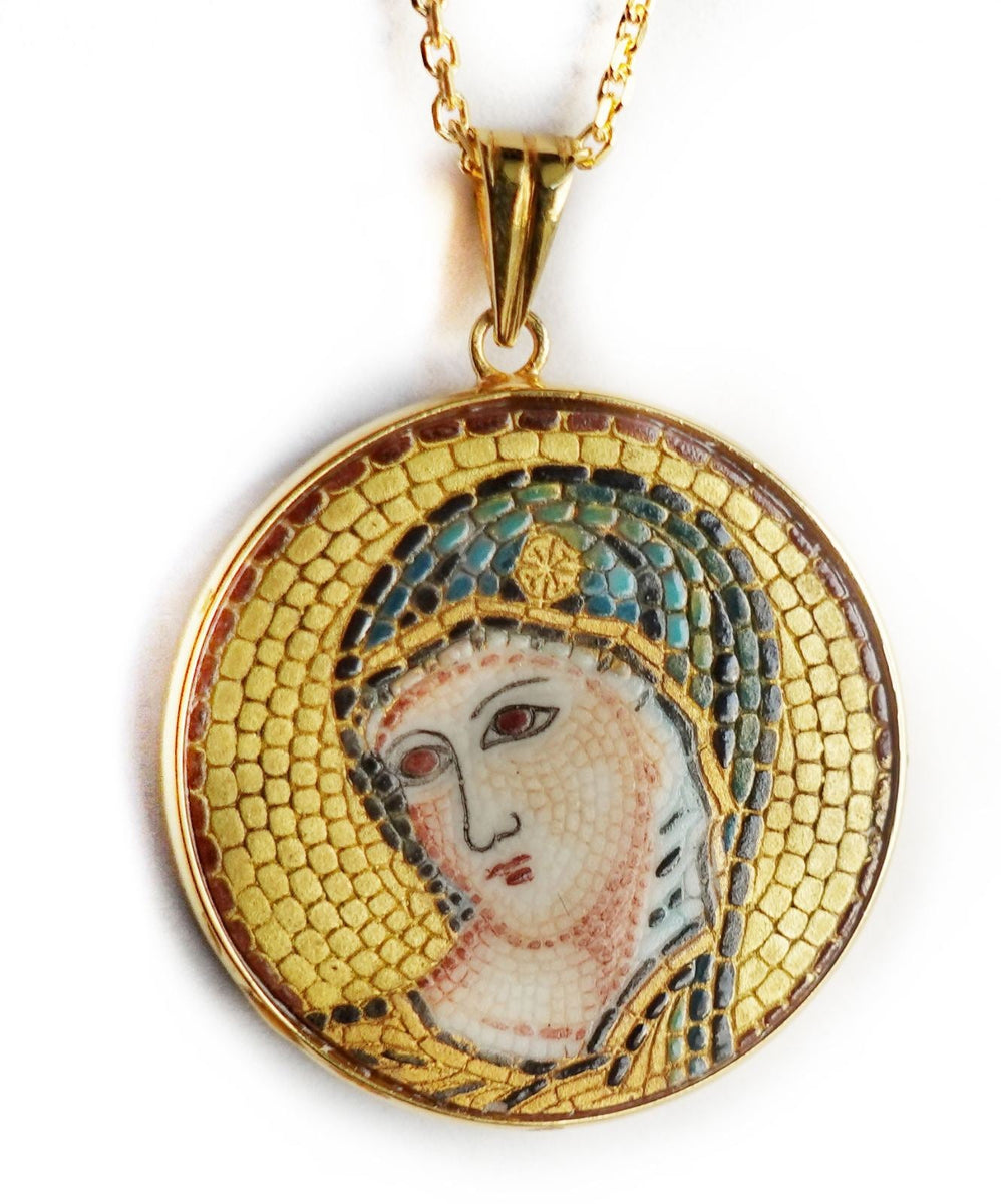 Mother Mary (panagia) micro mosaic pendant in solid 14k gold
