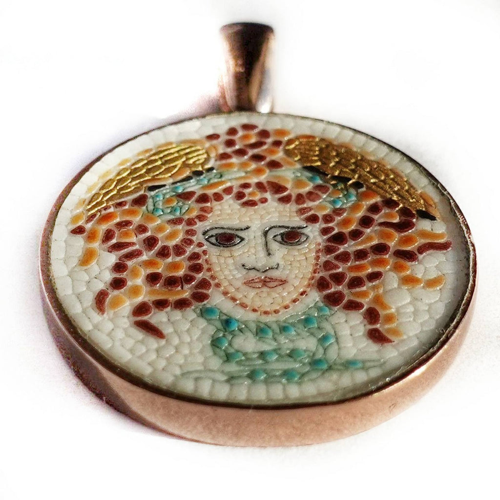 Medusa micro mosaic pendant in solid silver 925 double pink gold plated 24k