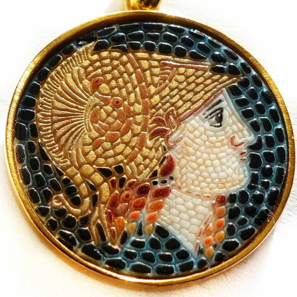 Athena micro mosaic pendant in solid silver 925 double gold plated 24k