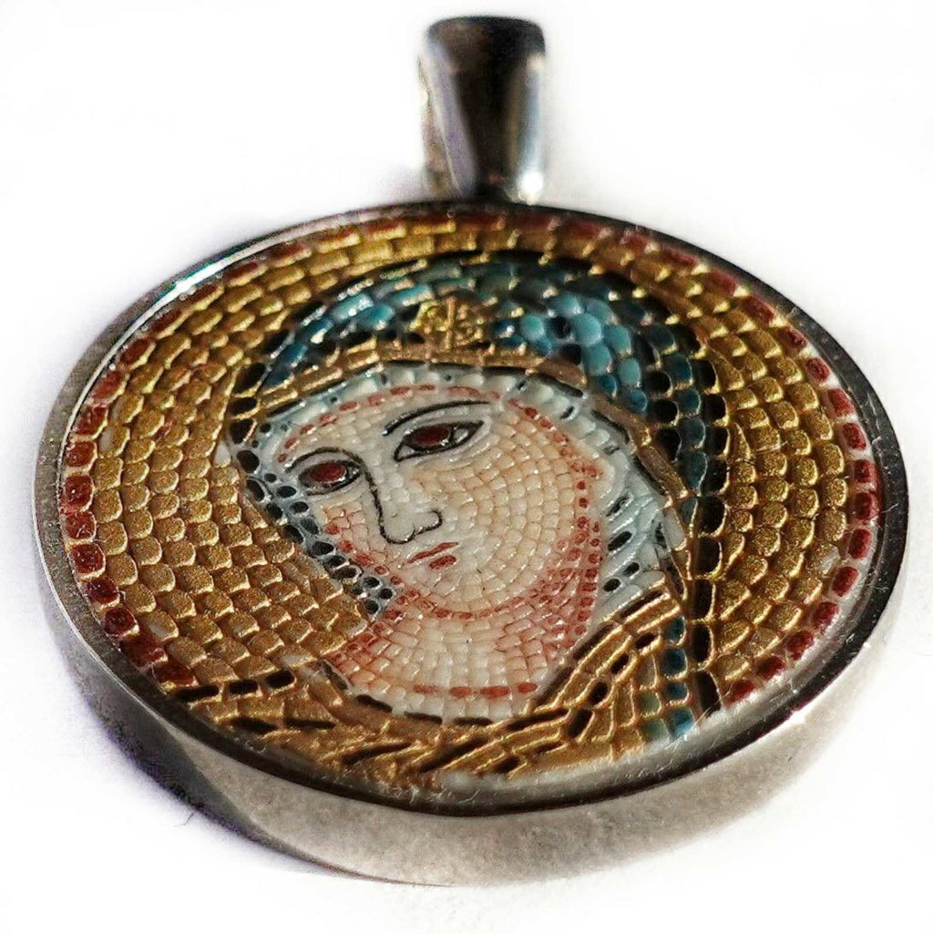 Mother Mary (panagia)  micromosaic pendant in solid silver 925 double rhodium plated