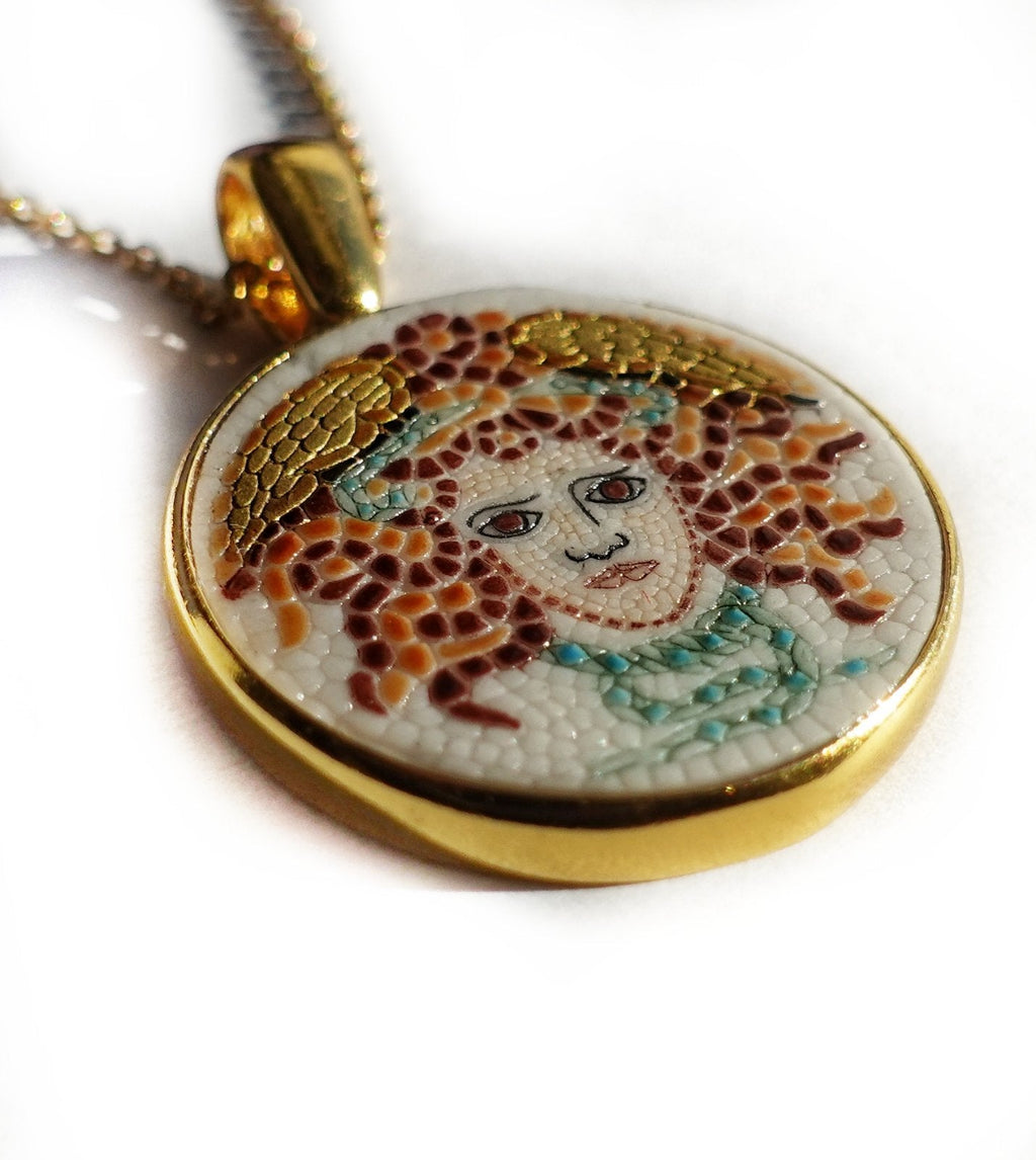 Medusa micro mosaic pendant in solid 14k gold