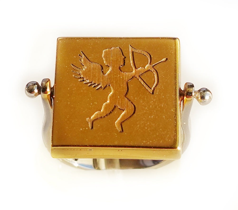Cupid - eros - amor - god of love - spinning double face micro mosaic ring in solid 14k gold (base : double rhodium plated)