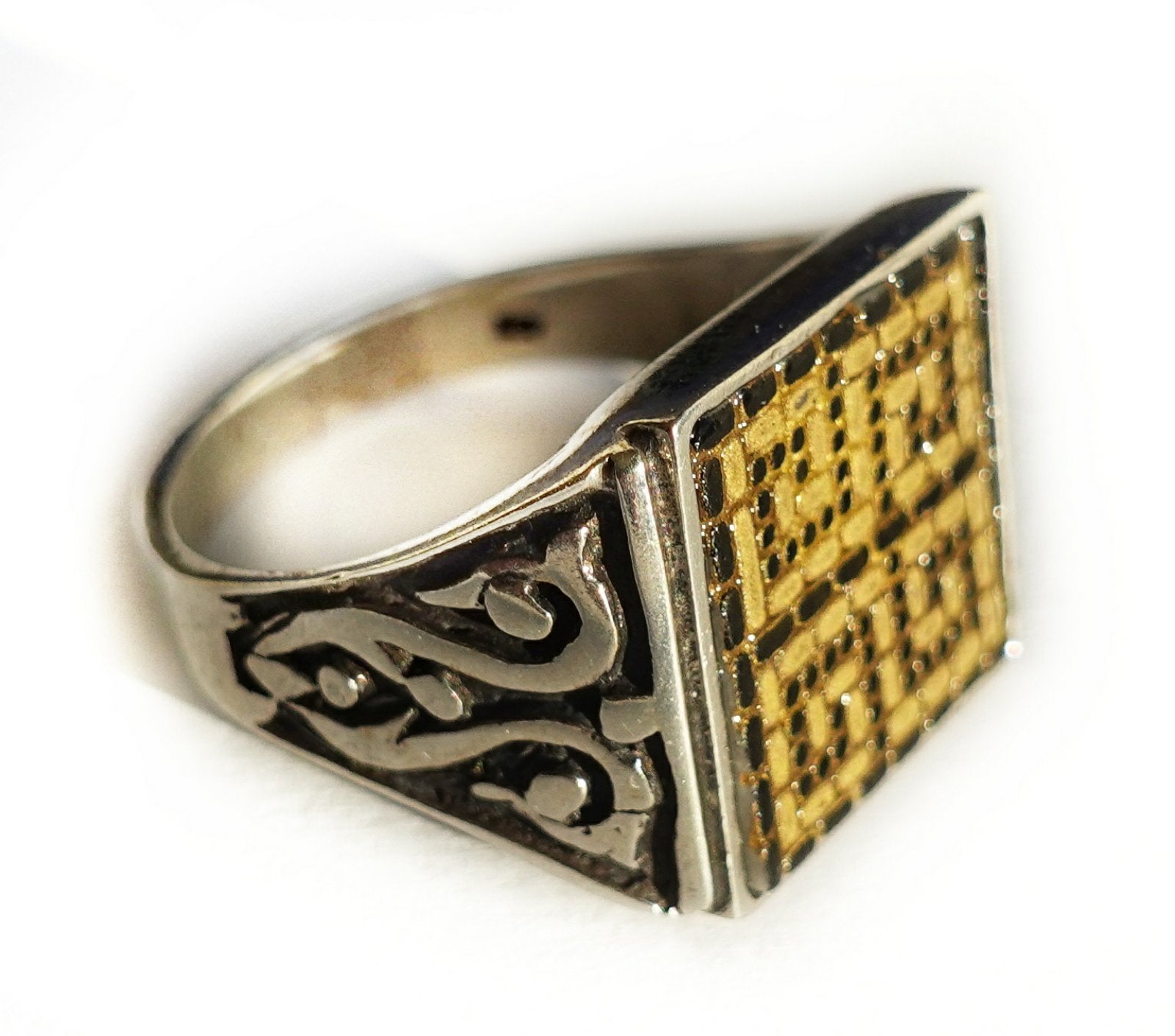 Meander ( meandros ) micro mosaic ring in solid silver 925 double rhodium plated
