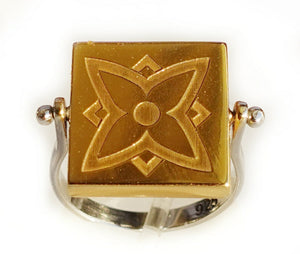 Geometric flower - spinning double face micro mosaic ring in solid 14K GOLD (base : double rhodium plated)