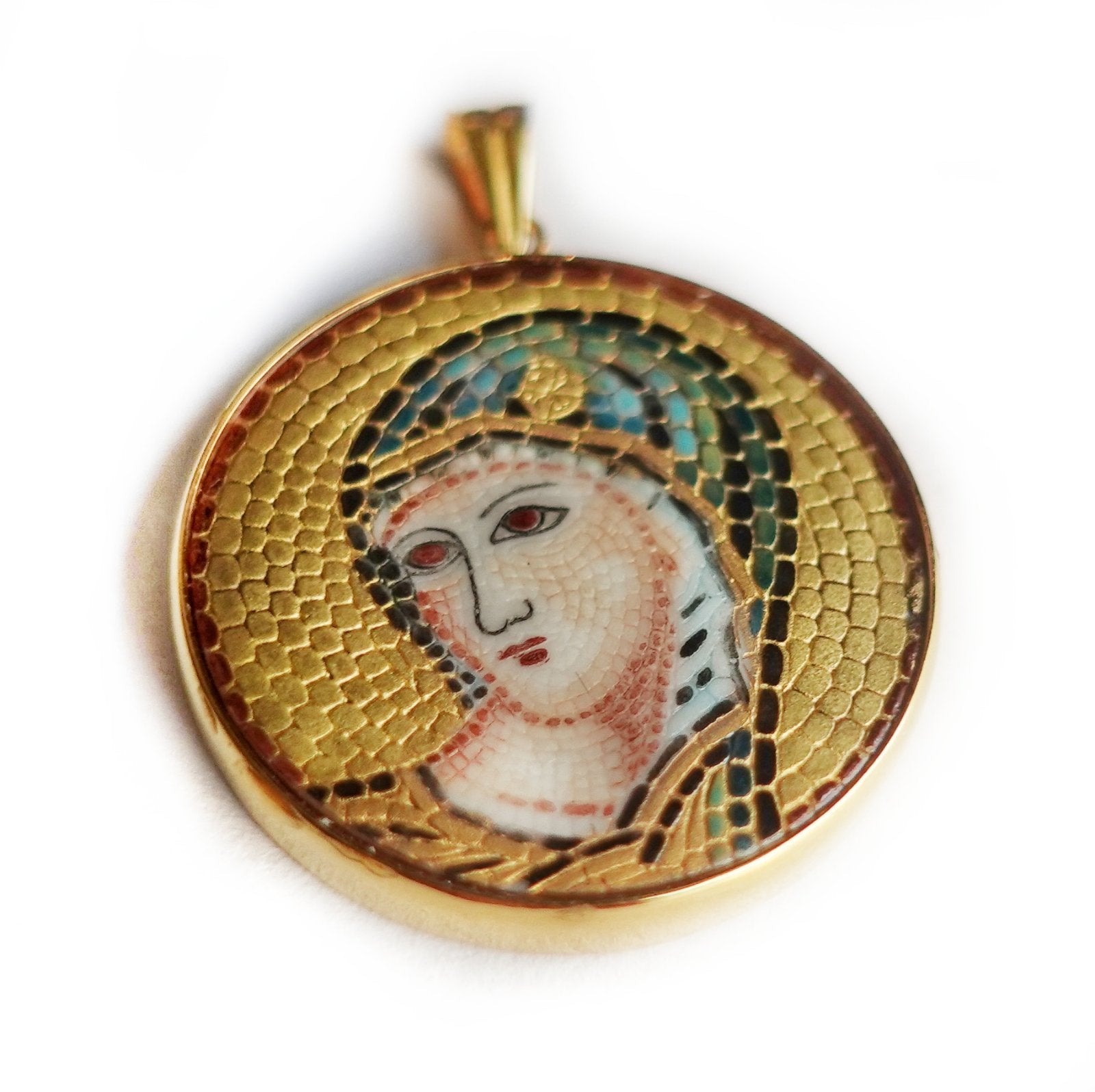 Mother Mary (panagia) micro mosaic pendant in solid 14k gold