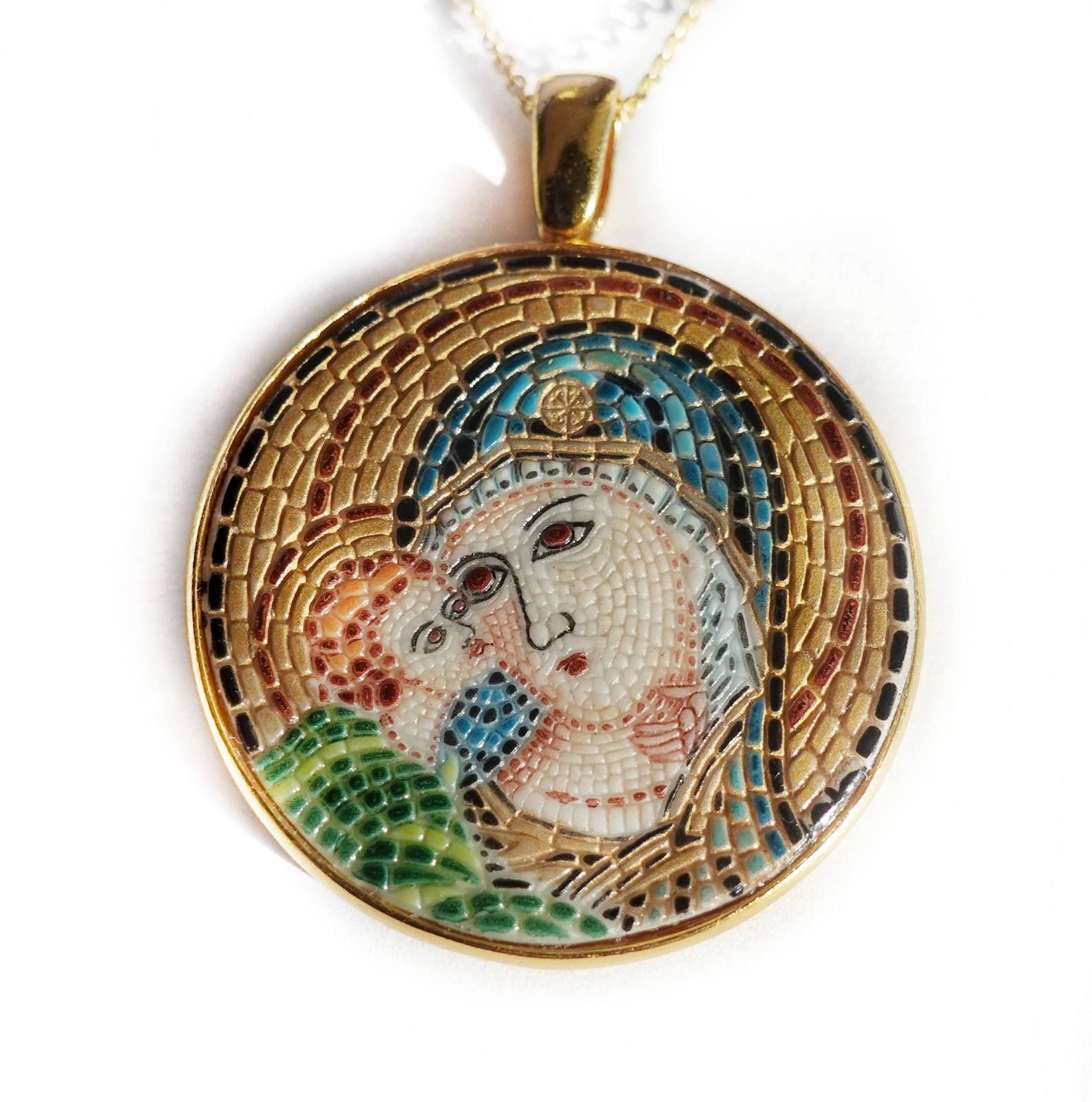 Mother Mary and Baby Jesus micro mosaic pendant in solid 14K Gold – AZURE  by KYPARISSOS