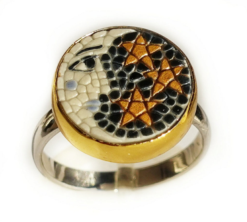 The Moon and Stars micro mosaic ring in solid 14K GOLD  (base : solid silver double rhodium plated)