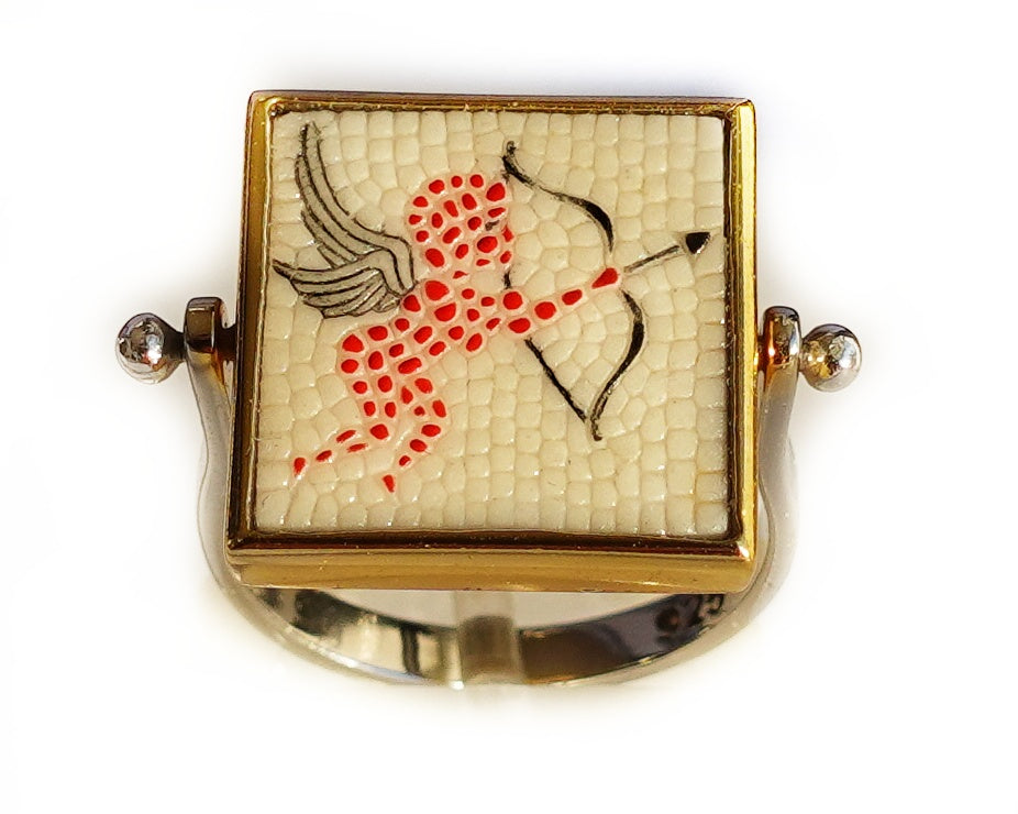 Cupid - eros - amor - god of love - spinning double face micro mosaic ring in solid silver 925 (base : double rhodium plated)