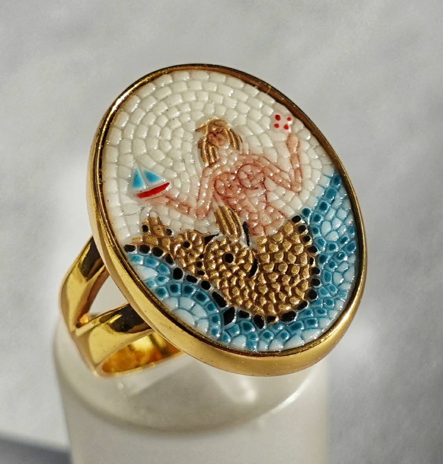 Mermaid micro mosaic ring in solid silver 925 double gold plated 24k