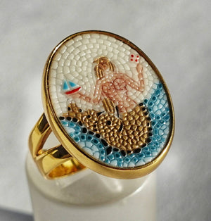Mermaid micro mosaic ring in solid 14k gold