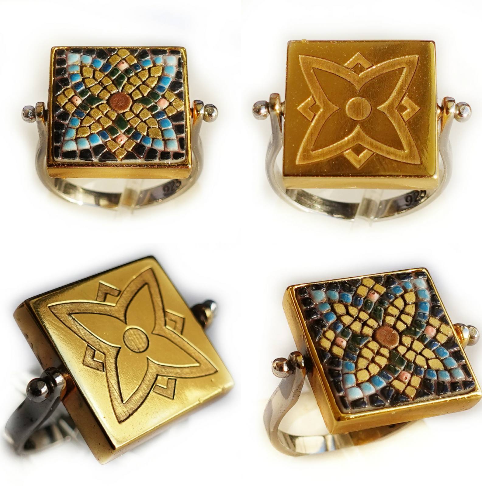 Geometric flower - spinning double face micro mosaic ring in
