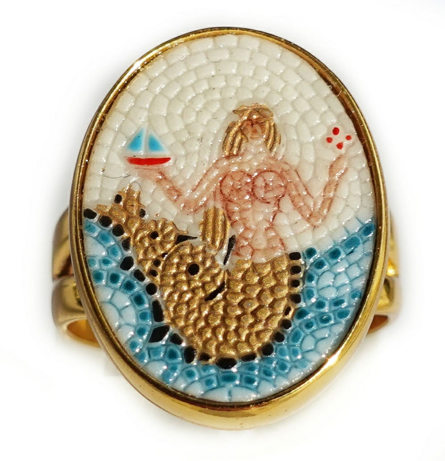 Mermaid micro mosaic ring in solid silver 925 double gold plated 24k