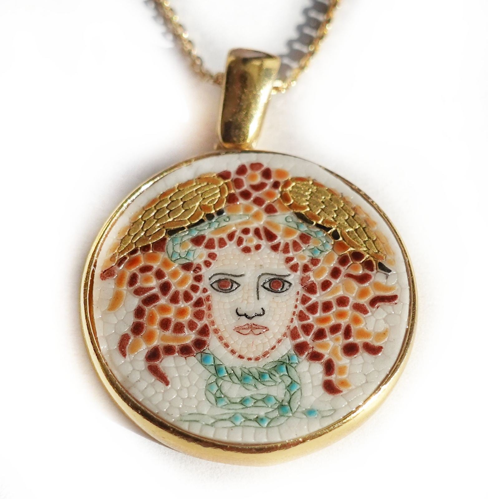 Medusa micro mosaic pendant in solid silver 925 double gold plated 24k