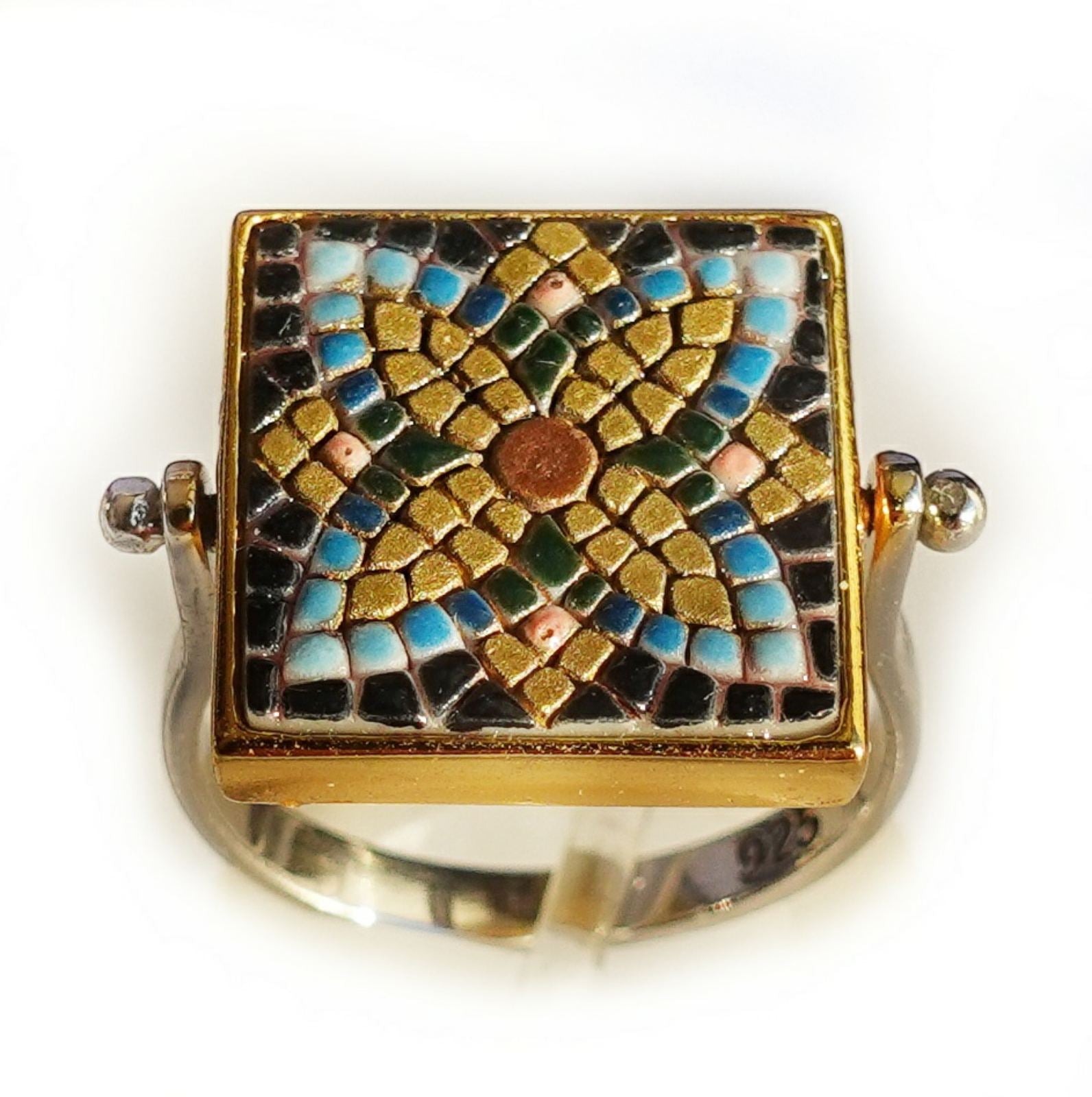 Geometric flower - spinning double face micro mosaic ring in solid 14K GOLD (base : double rhodium plated)