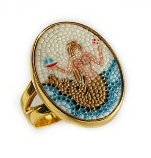 Mermaid micro mosaic ring in solid 14k gold