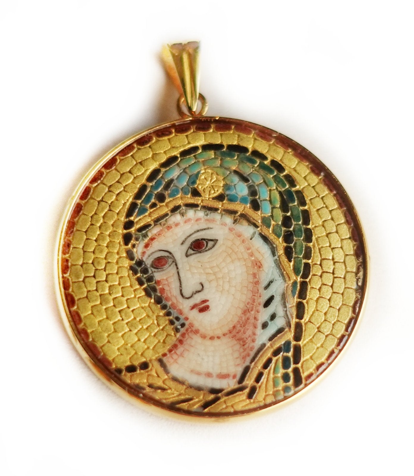 Mother Mary (panagia) micro mosaic pendant in solid silver 925 double gold plated 24k