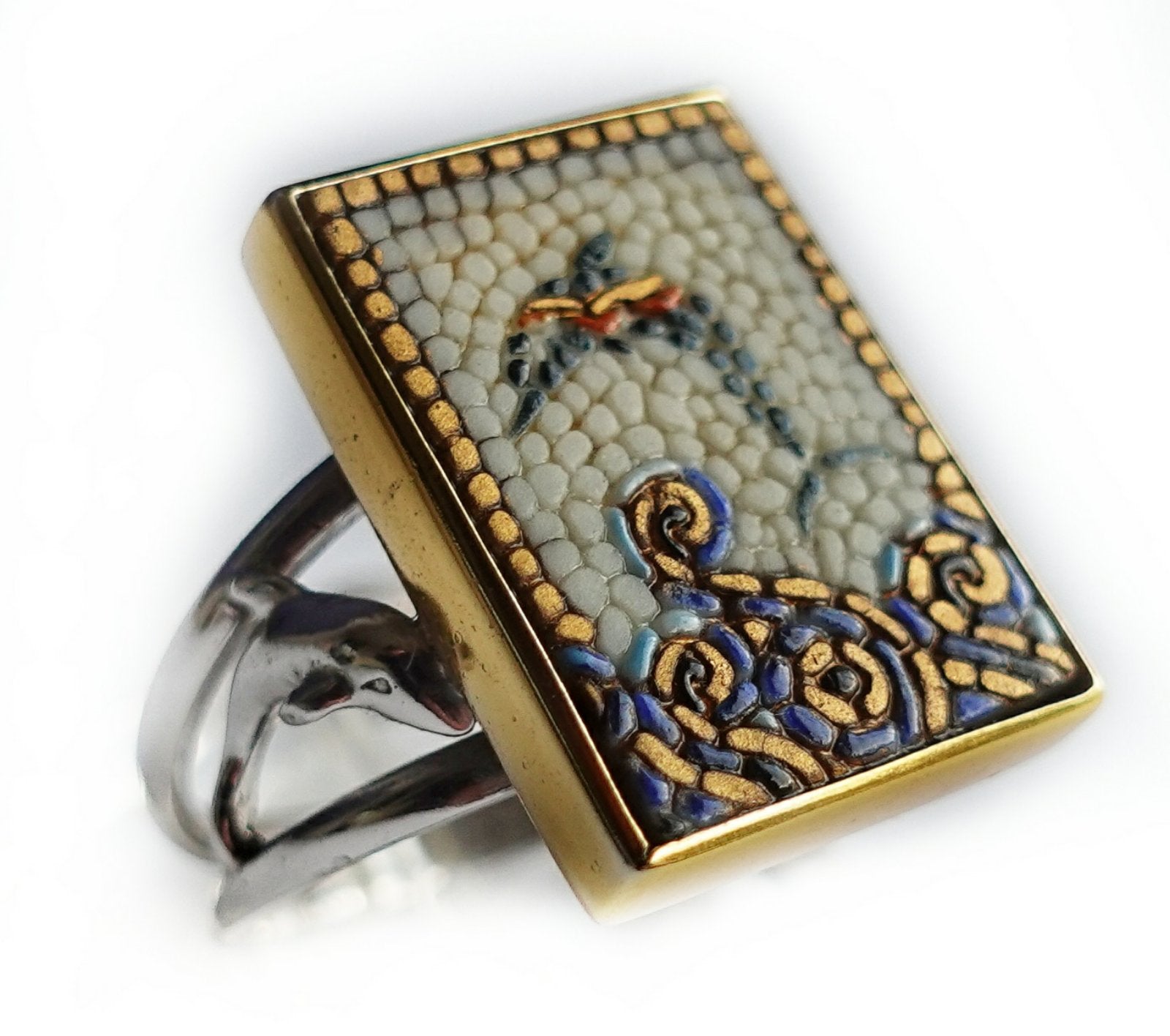 Dolphin micro mosaic ring in solid silver 925 double gold plated 24K (base : double rhodium plated)