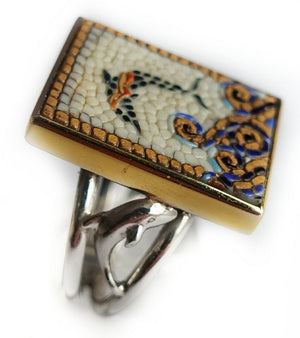 Dolphin micro mosaic ring in solid silver 925 double gold plated 24K (base : double rhodium plated)