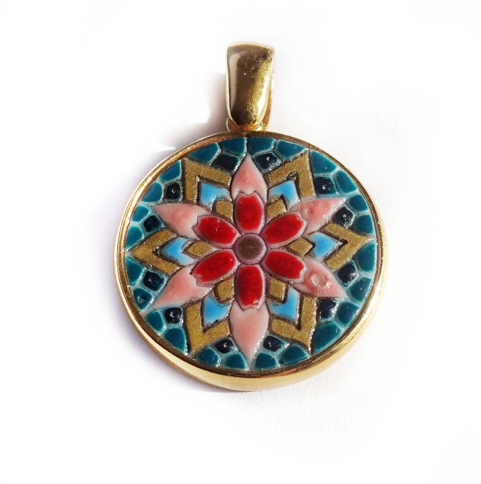 Geometric flower micro mosaic pendant in solid silver 925 double gold plated 24k