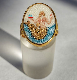 Mermaid micro mosaic ring in solid 14k gold