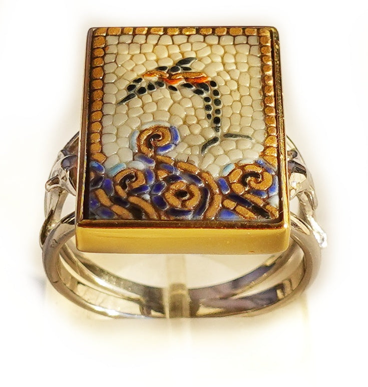 Dolphin micro mosaic ring in solid 14K GOLD (base : double rhodium plated)