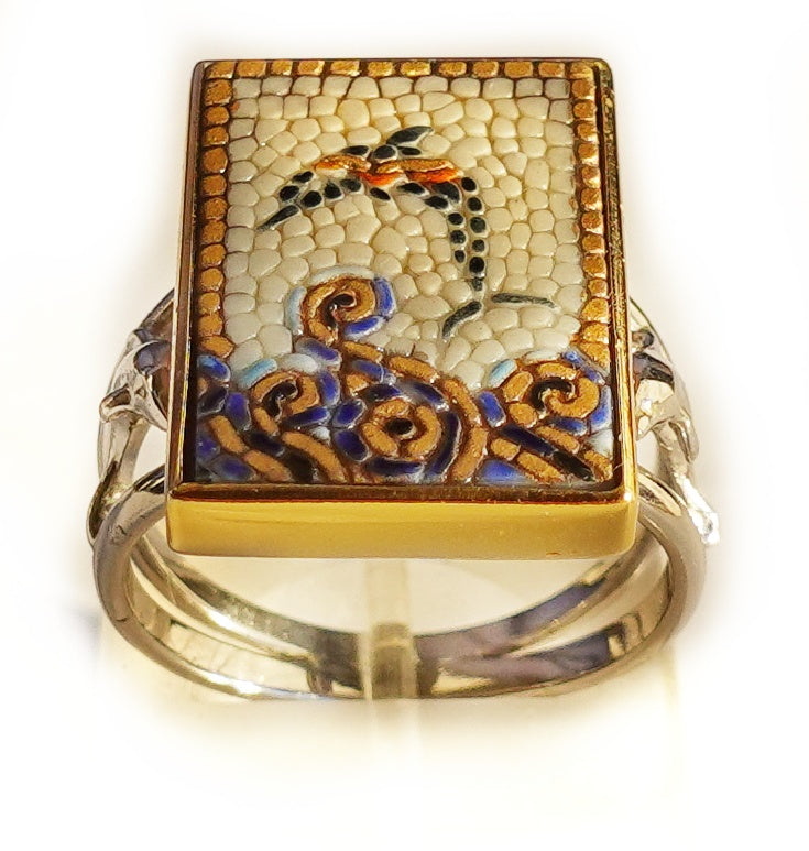 Dolphin micro mosaic ring in solid 14K GOLD (base : double rhodium