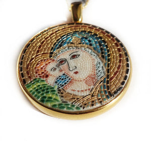 Mother Mary and Baby Jesus micro mosaic pendant in solid silver 925 double gold plated 24k