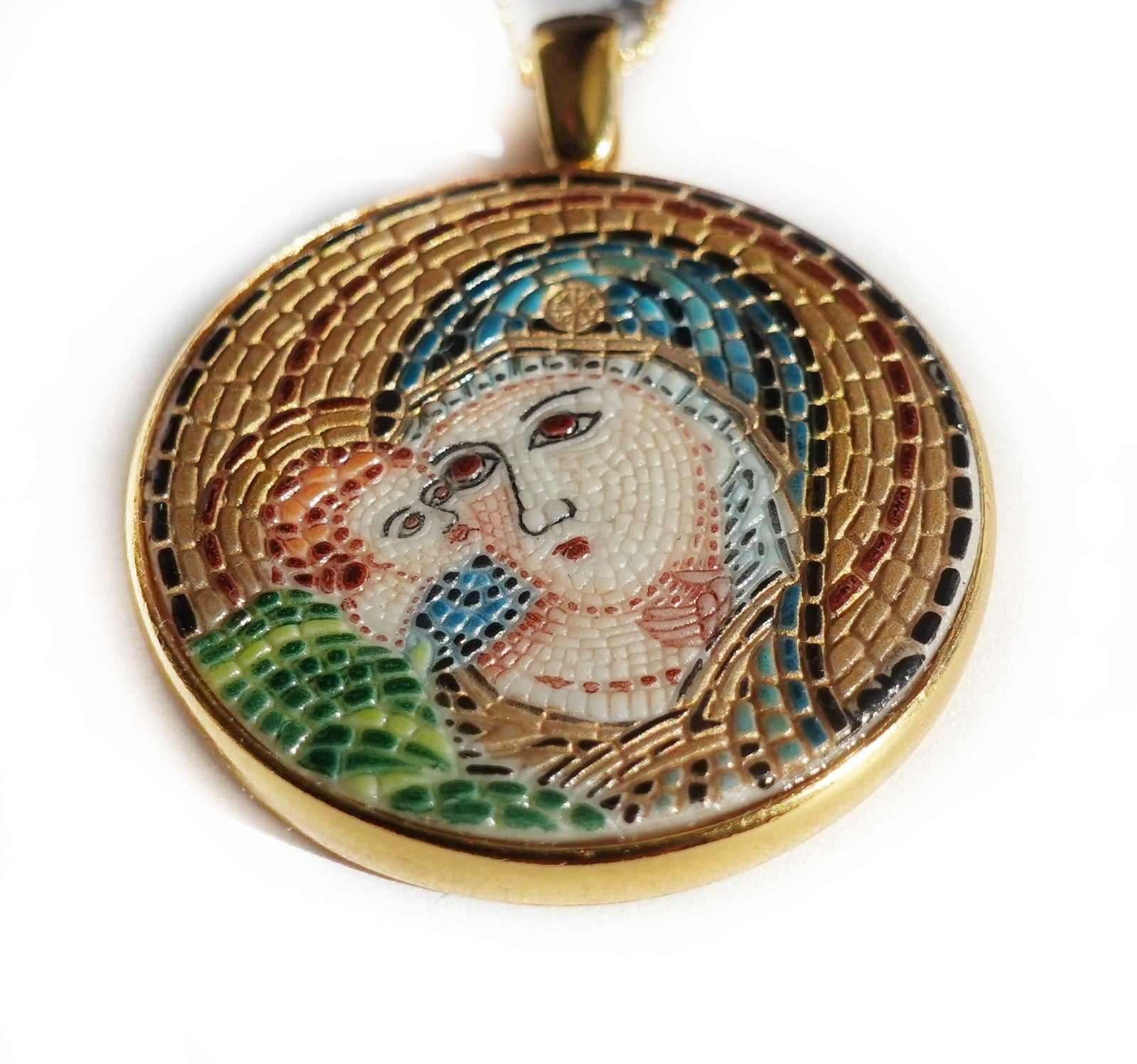 Mother Mary and Baby Jesus micro mosaic pendant in solid 14K Gold