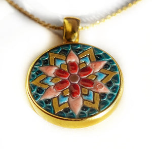 Geometric flower micro mosaic pendant in solid 14k Gold