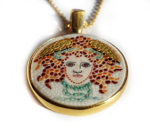 Medusa micro mosaic pendant in solid silver 925 double gold plated 24k