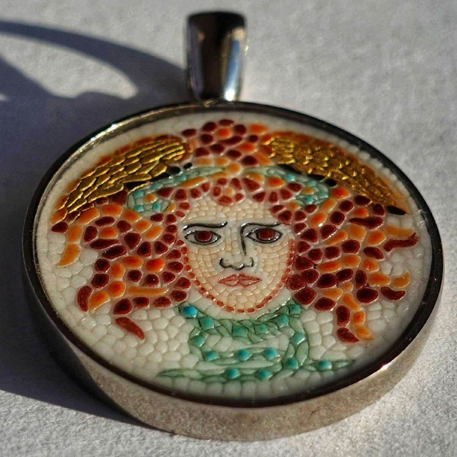 Medusa micro mosaic pendant in solid silver 925 double rhodium plated