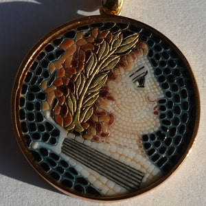 Apollo Greek God of the Sun and light micro mosaic pendant in solid 14k gold