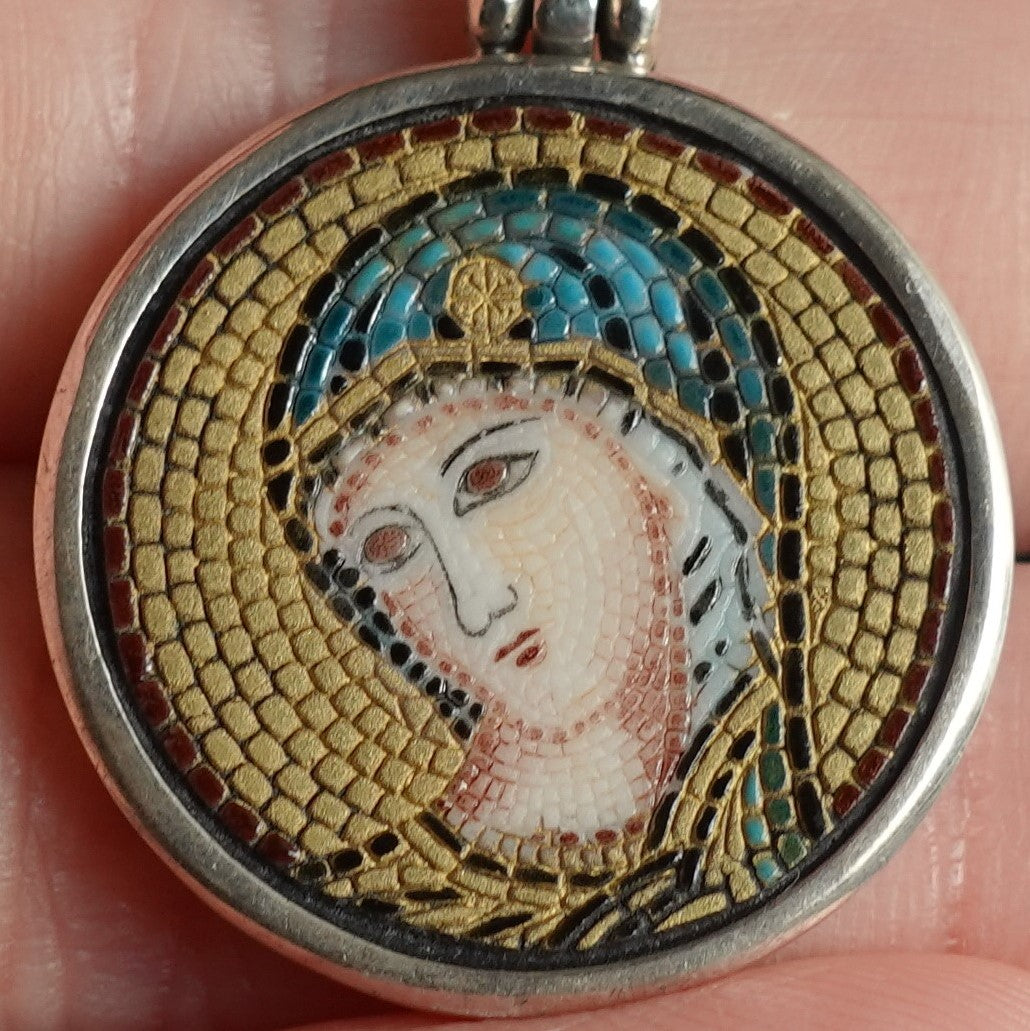Mother Mary (panagia) micro mosaic pendant in solid silver 925