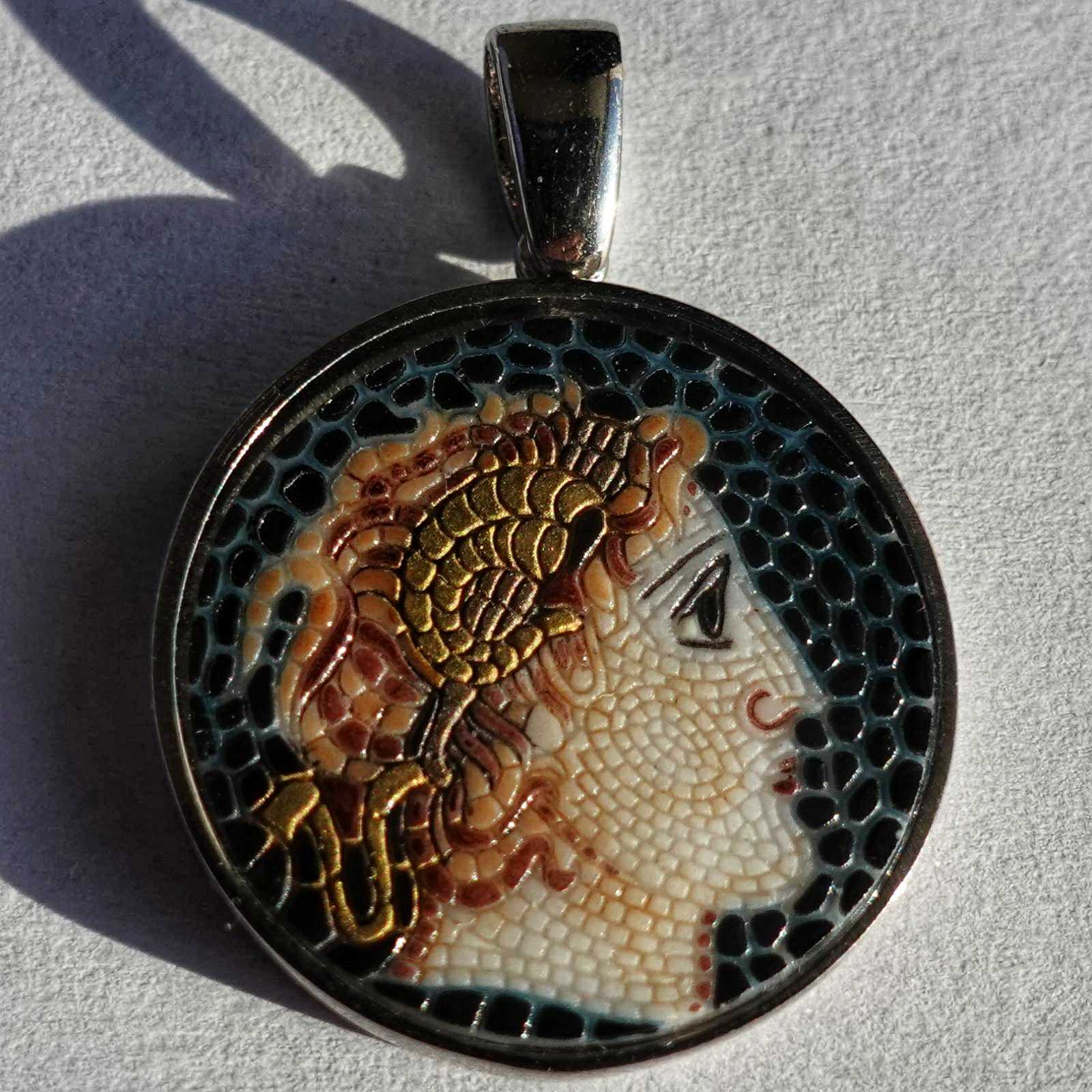 Alexander the Great micro mosaic pendant in solid silver 925 double rhodium plated