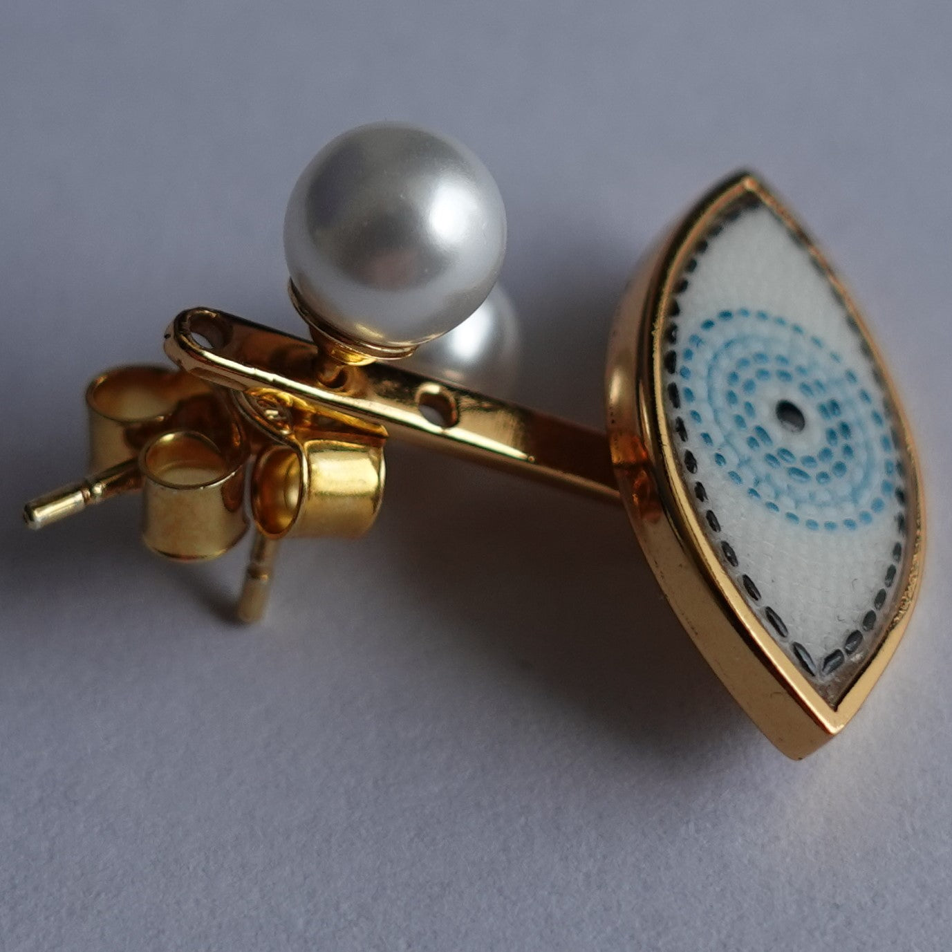 Evil eye micro mosaic earring in solid silver 925 double gold plated 24k with 2 pearls