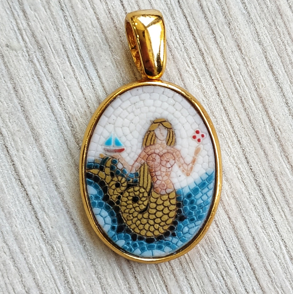 Mermaid micro mosaic pendant in solid 14k Gold