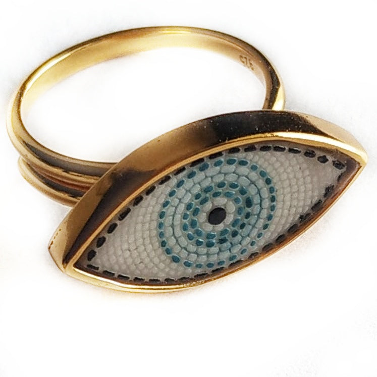 Evil eye micro mosaic ring (adjustable size) in solid silver 925 double gold plated 24k