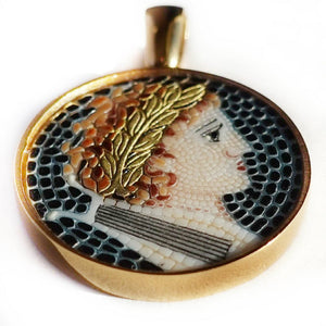 Apollo Greek God of the Sun and light micro mosaic pendant in solid silver 925 double gold plated 24k