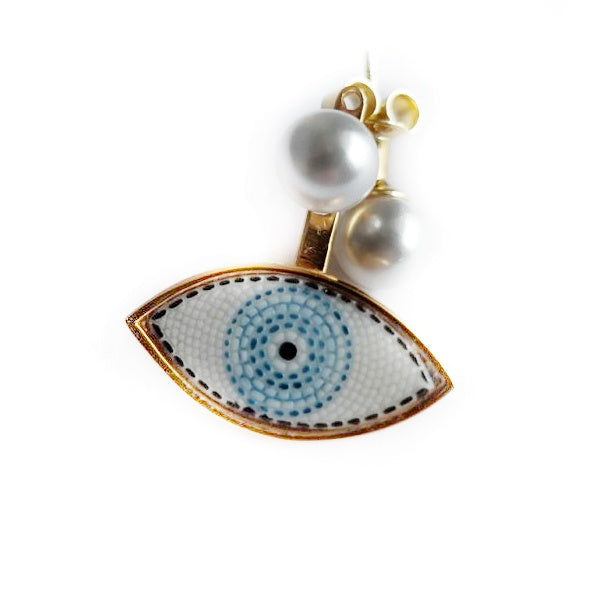 Evil eye micro mosaic earring in solid silver 925 double gold plated 24k with 2 pearls