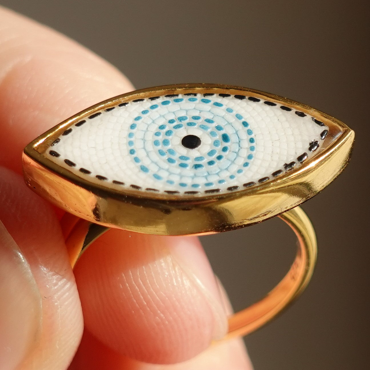 Evil eye micro mosaic ring (adjustable size) in solid silver 925 double gold plated 24k